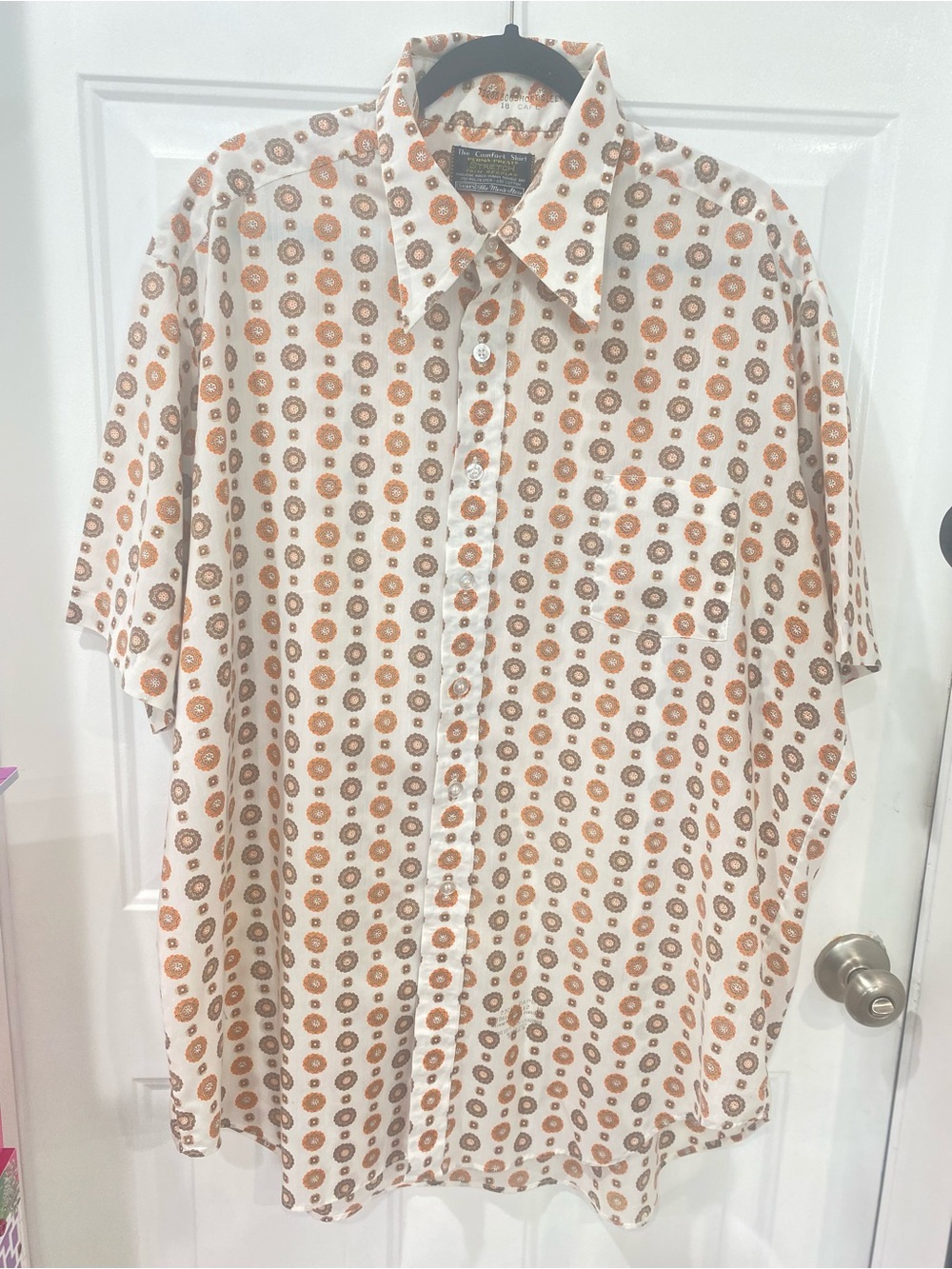 Men's Short-Sleeve Button-Up Shirt in White with Orange Pattern see measurements